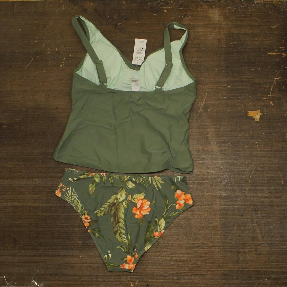 NWT Cupshe Ruched Tankini Top & Tropical Mid-Rise Bottom Swims Set Green Multi L - Picture 3 of 5